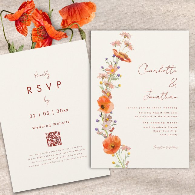 Invitation Code QR simple du Mariage de automne Fleur sauvage (Boho wildflower fall wedding invitation RSVP qr code)