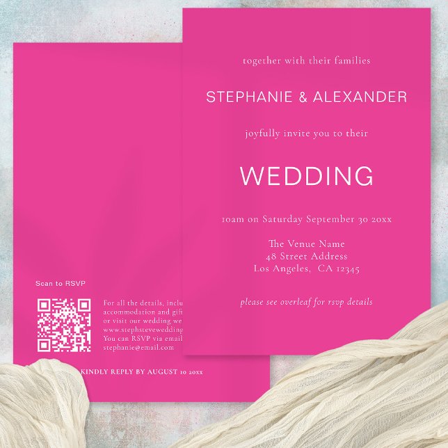 Invitation Code QR simple Mariage rose chaud (Front and back view)