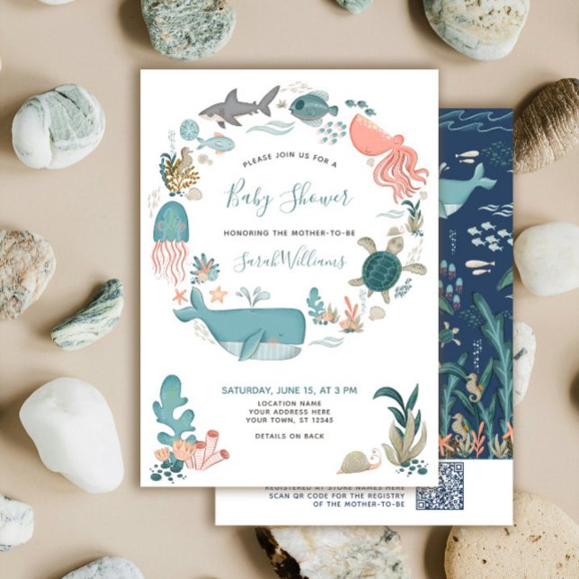 Invitation Code QR Sous l'eau Aquarelle Bleue Baby Shower (Créateur téléchargé)