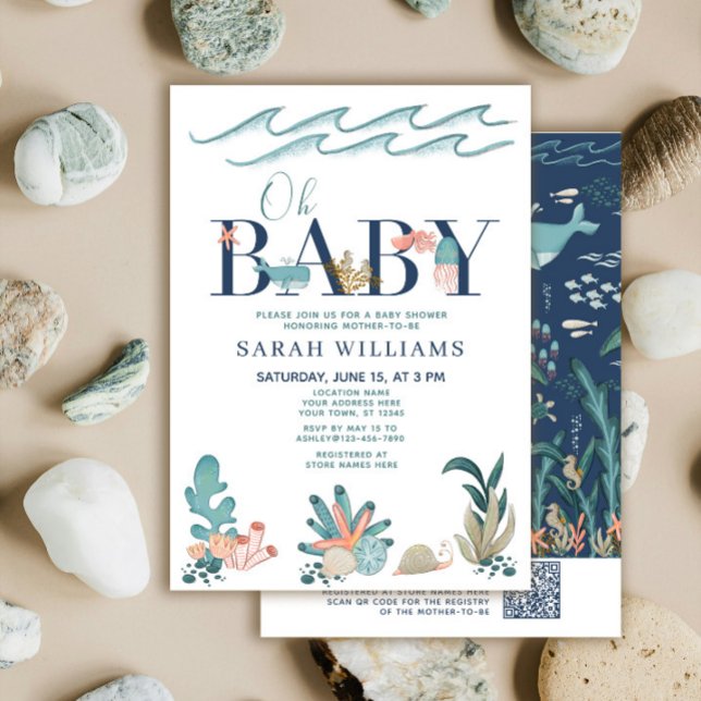 Invitation Code QR sous l'eau aquarelle Oh Baby Shower (Créateur téléchargé)