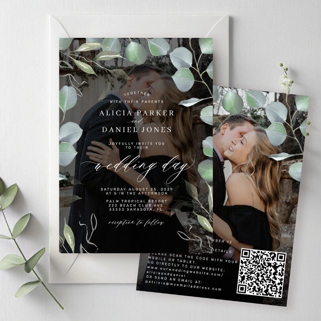 Invitation CODE QR superposition de photo d'eucalyptus noir m (Créateur téléchargé)