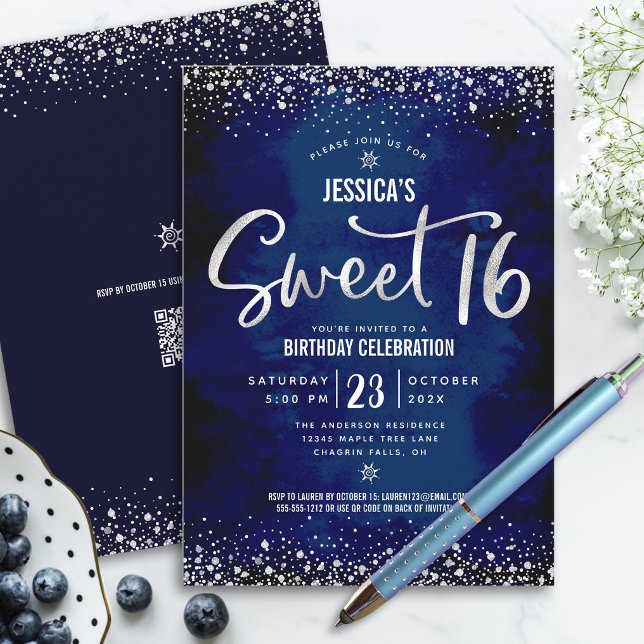 Invitation Code QR Sweet 16 Écriture Argent Navy Aquarelle (Créateur téléchargé)