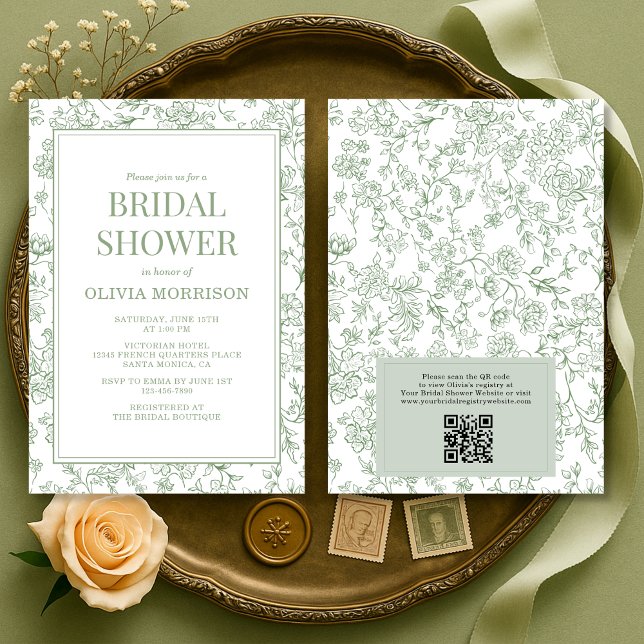 Invitation Code QR Toile de Jouy Vert Sauge pour Baby Shower  (Créateur téléchargé)