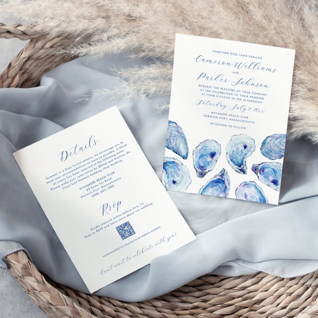 Invitation Code QR tout-en-un de la coque d'huîtres bleu Mari (Oyster all-in-one beach watercolor wedding invitation with QR code RSVP and details on the back)