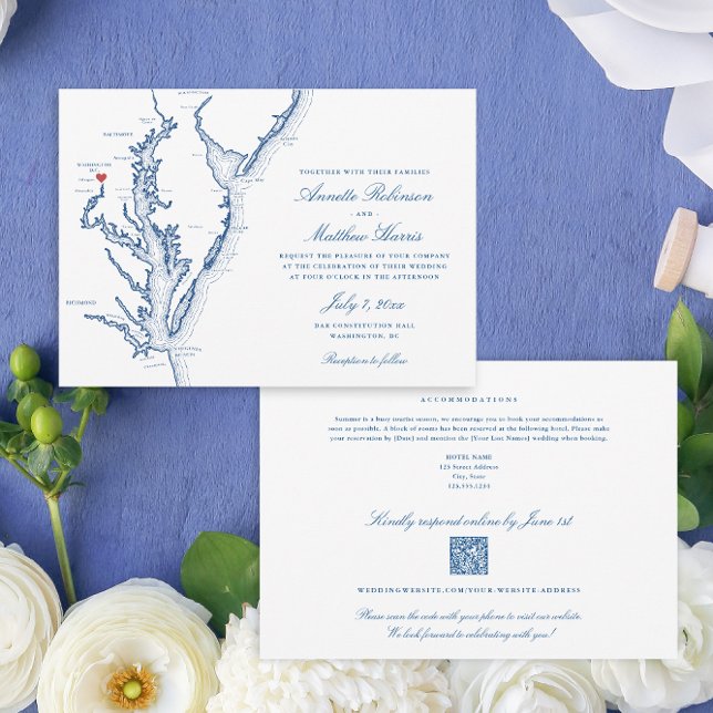Invitation Code QR tout-en-un de Washington DC Mariage bleu R (Washington DC All-in-One QR code Wedding invitation in elegant navy blue from Coastal Map Designs)