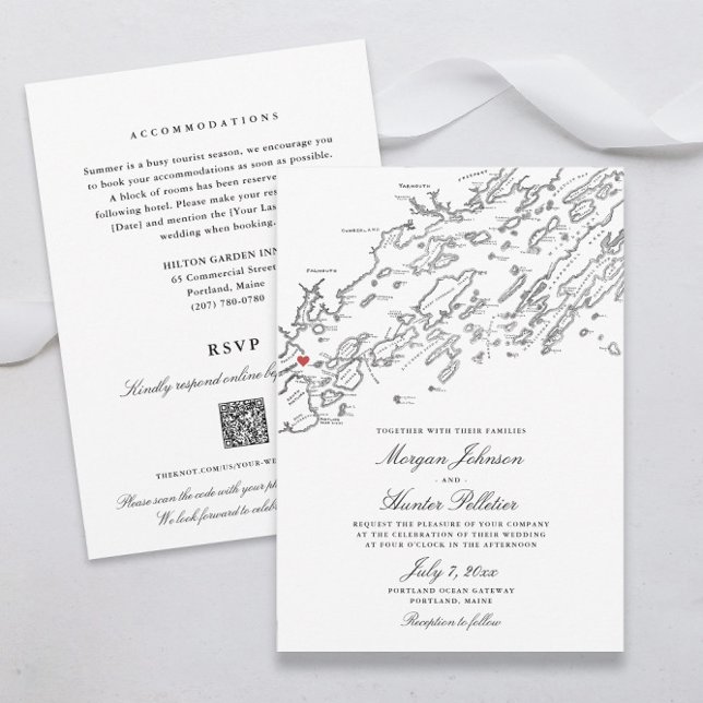 Invitation Code QR tout-en-un Portland Maine Mariage RSVP (Elegant Portland Maine All In One QR Code RSVP wedding invitations in black and white )