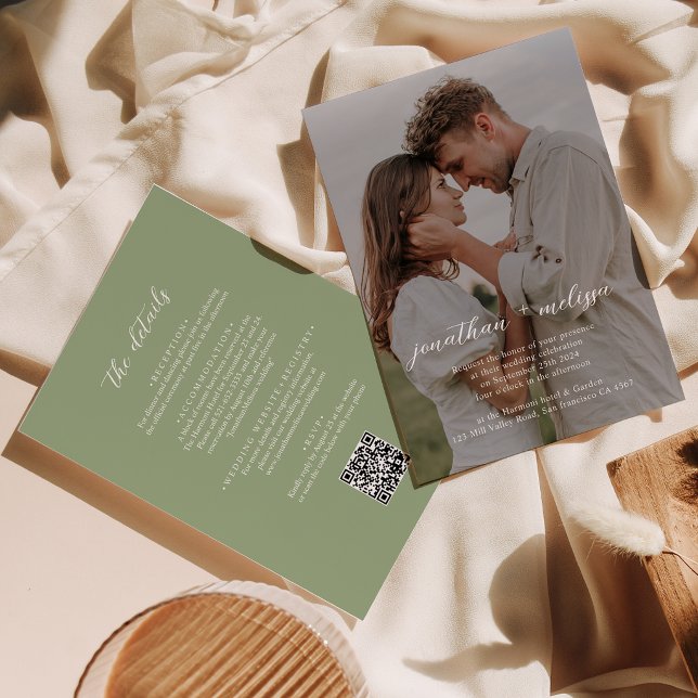 Invitation Code QR Tout en Un Vert Sauge Photo Script Mariage (Créateur téléchargé)