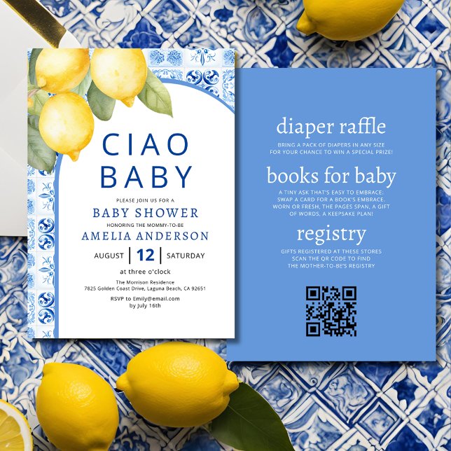 Invitation Code QR Tuiles Bleues Italiennes Fête de Naissance (Créateur téléchargé)