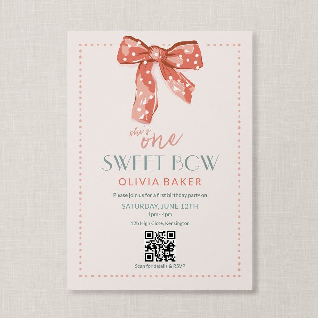 Invitation Code QR Un Arc Douce Rose Coquette Premier Anniver (Heirloom Bow - Coquette Theme First Birthday Invitation with QR Code)