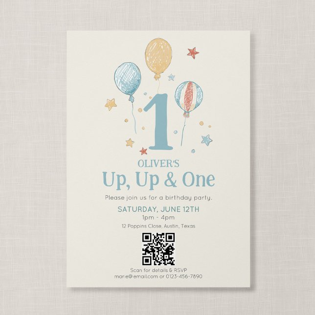 Invitation Code QR Up Up One Ballon Anniversaire Premier (Balloon Daydream - Up, Up & One First Birthday Invitation with QR Code)