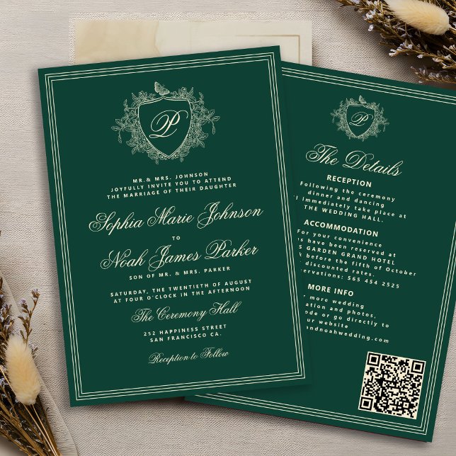 Invitation Code QR vert classique monogramme formel de mariag (Créateur téléchargé)