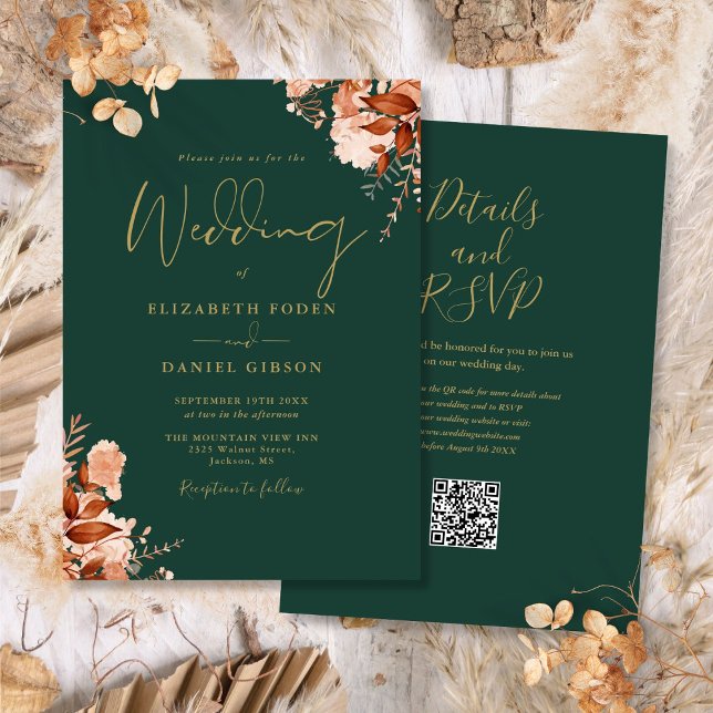 Invitation Code QR vert émeraude et or pour mariage d'automne (Emerald Green And Gold QR Code Fall Wedding Invitation)