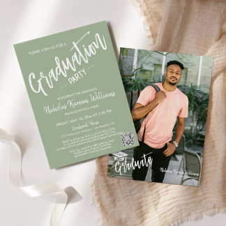 Invitation Code QR vert moderne Dusty Parti de graduation pho