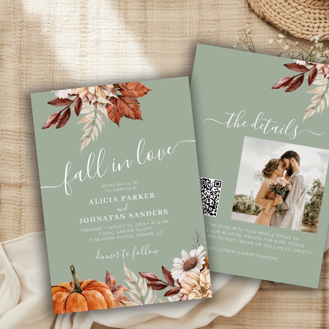 Invitation Code QR vert sauge automne Tombez amoureux botaniq (Créateur téléchargé)