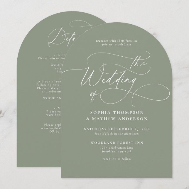 Invitation Code QR Vert Sauge Élégant Tout en un Mariage en A (Devant / Derrière)