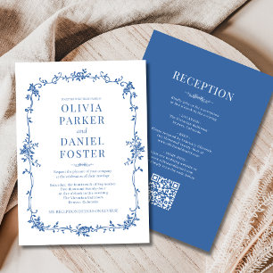 Invitation Code QR Victorien Mariage Tout en Un Bleu Royal
