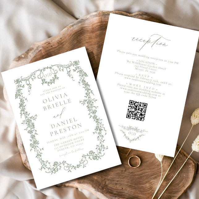 Invitation Code QR victorien vert Sage Tout en un Mariage (Créateur téléchargé)