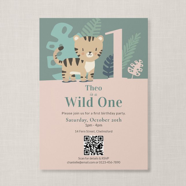 Invitation Code QR Wild One Jungle Tigre Premier Anniversaire (Tiny Tiger - Wild One Birthday Invitation with QR Code)