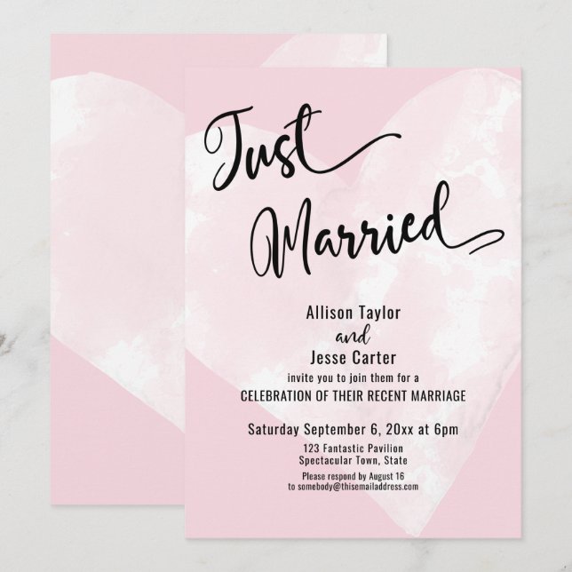 Invitation Cœur aquarelle blanc rose mariage simple écriture (Devant / Derrière)