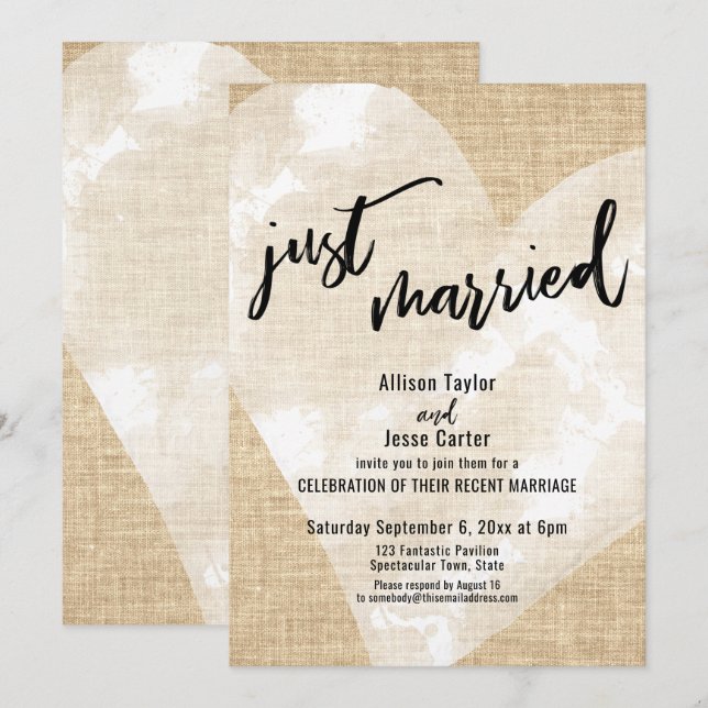 Invitation Cœur Aquarelle Blanche Mariés Burlap Fête (Devant / Derrière)