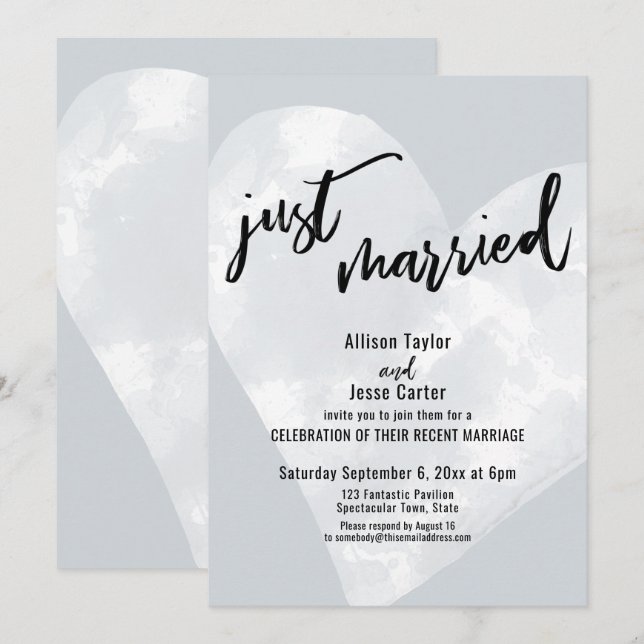 Invitation Cœur Aquarelle Blanche Mariés sur Gris (Devant / Derrière)