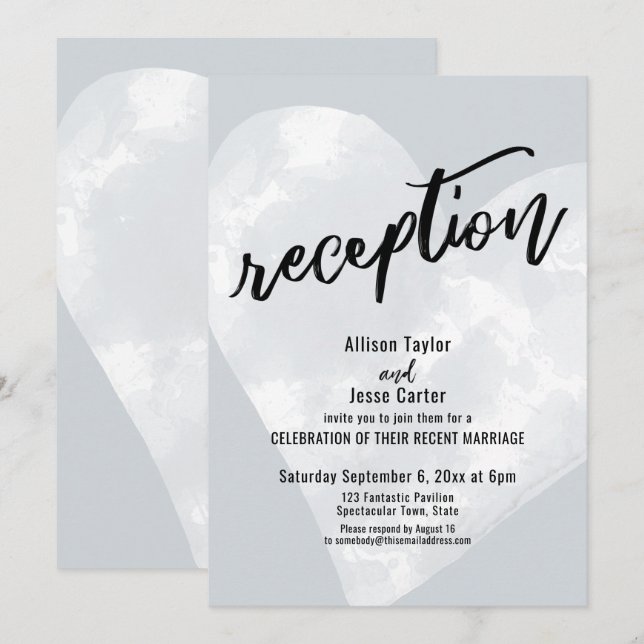 Invitation Cœur Aquarelle Blanche Réception Décontractée Gris (Devant / Derrière)