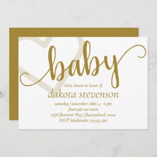 Invitation Coeur bébé   Elegant Gold Script douche ou Révéler