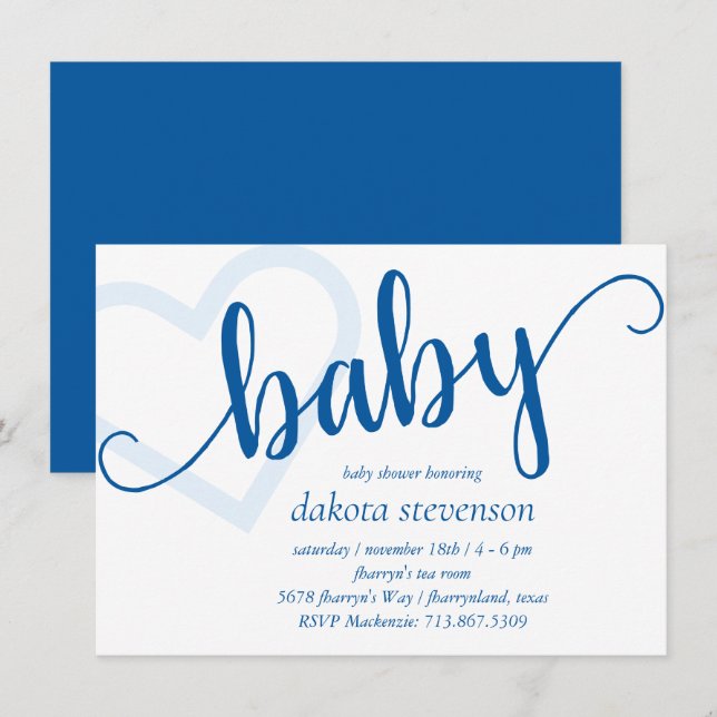 Invitation Coeur bébé | Script de floraison classique bleu cé (Devant / Derrière)