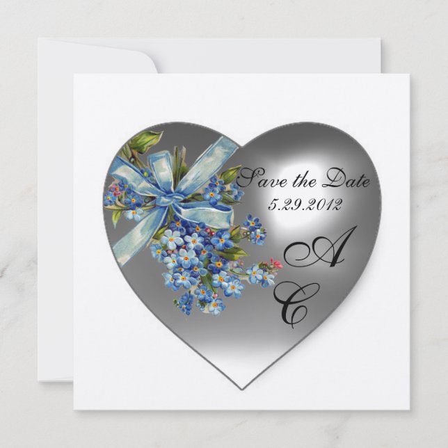 Invitation Cœur blanc monogramme Champagne myosotis (Devant)