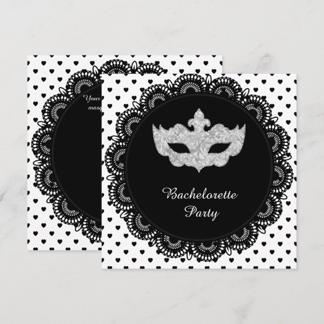 INVITATION COEUR BLANC NOIR BACHELORETTE MASQUERADE PARTY (Devant / Derrière)