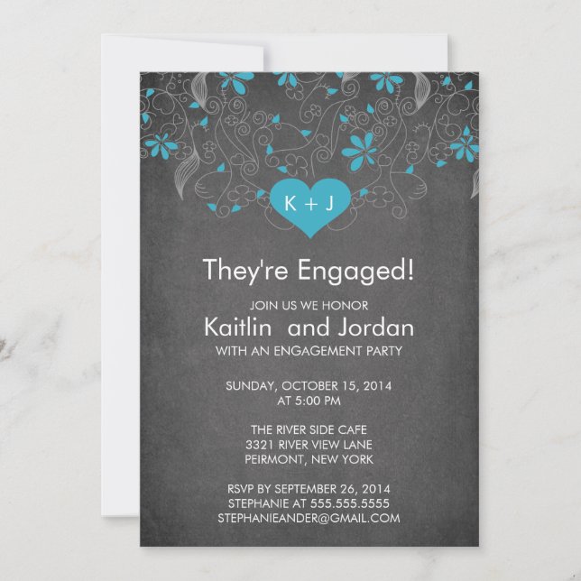 Invitation Coeur bleu Chalkboard avec Flower Engagement Party (Devant)