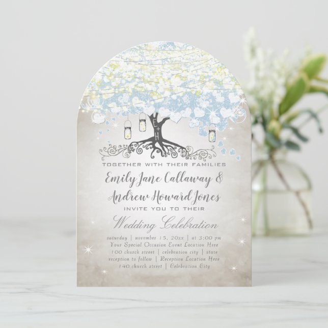 Invitation Cœur bleu et argent Arbre Bois Boho Mariage (Debout devant)
