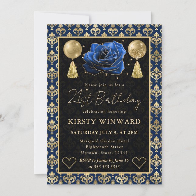 Invitation Cœur Bleu & Or Damassé & Rose 21e Anniversaire (Devant)