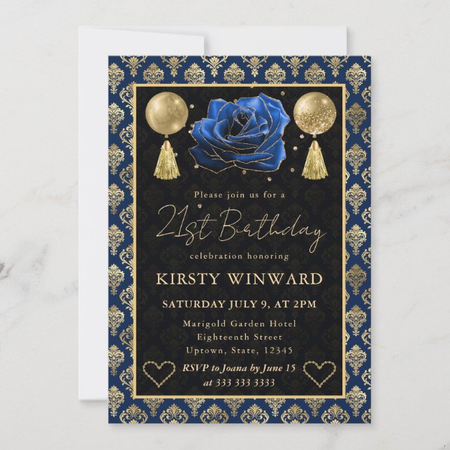 Invitation Cœur Bleu & Or Damassé & Rose 21e Anniversaire (Devant)