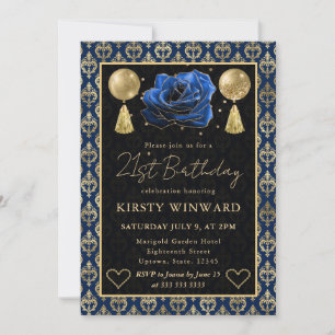 Invitation Cœur Bleu & Or Damassé & Rose 21e Anniversaire