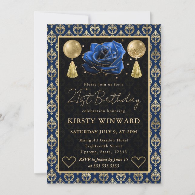 Invitation Cœur Bleu & Or Damassé & Rose 21e Anniversaire (Devant)