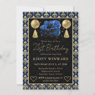 Invitation Cœur Bleu & Or Damassé & Rose 21ème Anniversaire