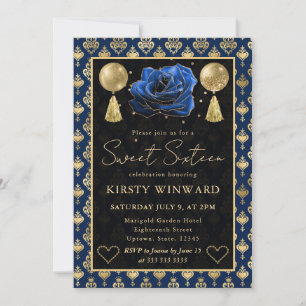 Invitation Cœur Bleu & Or Damassé & Rose Douze Ans