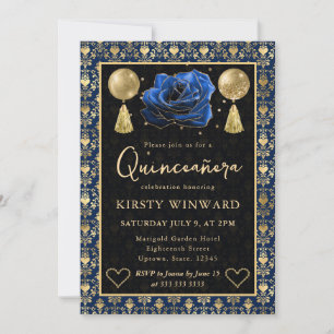 Invitation Cœur Bleu & Or Damassé & Rose Quinceanera