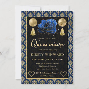 Invitation Cœur Bleu & Or Damassé & Rose Quinceanera