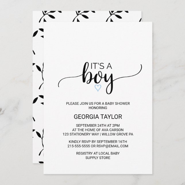 Invitation Coeur bleu | Simple calligraphie noire C'est un ga (Devant / Derrière)