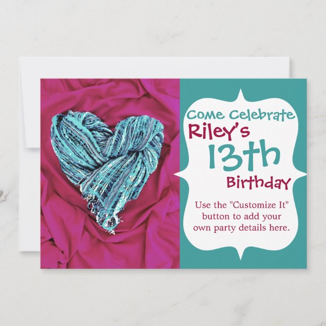 Invitation Coeur bleu Turquoise cool sur tissu rose chaud Lov (Devant)