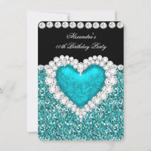 Invitation Cœur Bleu Turquoise Pailleté Élégant Anniversaire