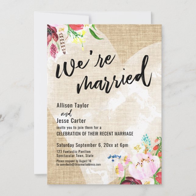 Invitation Cœur Boho Fleurs Toile de Jute Réception Mariés (Devant)