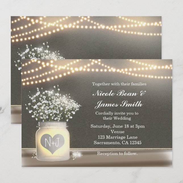 Invitation Coeur brillant Mason Jar & Baby's Breath Invitatio (Devant / Derrière)