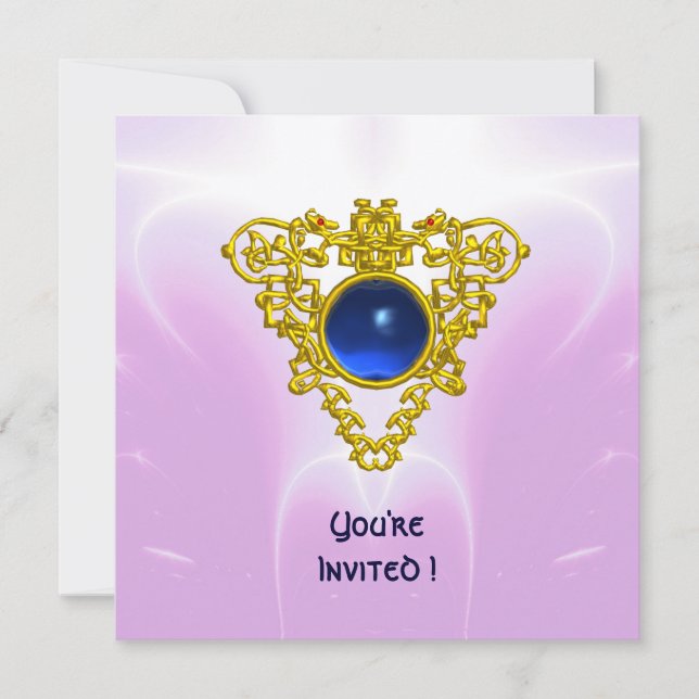 Invitation COEUR CELTIQUE, bleu vif, or violet rose (Devant)