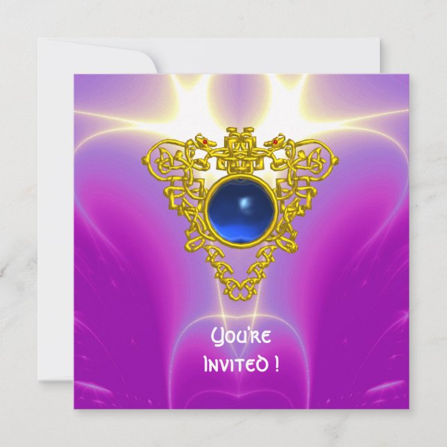 Invitation CŒUR CELTIQUE, bleu vif, rose violet pourpre (Devant)