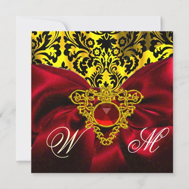 INVITATION CŒUR CELTIQUE OR RUBAN ROUGE DAMASSÉ MONOGRAMME (Devant)