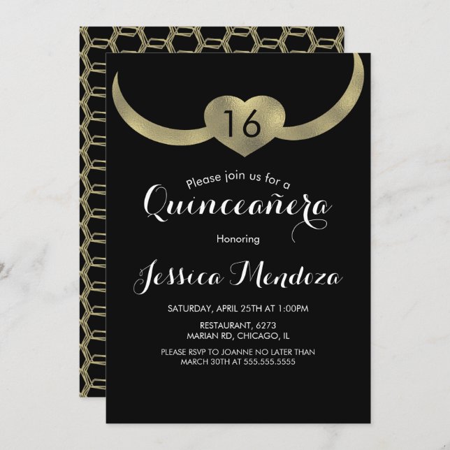 Invitation Coeur Couronne Quinceañera Sweet 16 Gold Foil (Devant / Derrière)
