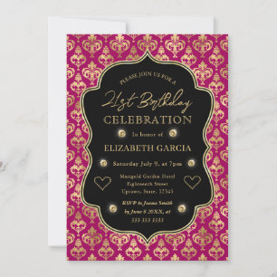 Invitation Cœur damassé rose et or pour 21e anniversaire